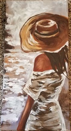 a painting of a woman with a hat on her head walking along the beach,