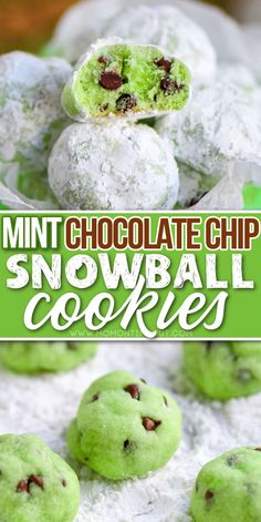 mint chocolate chip snowball cookies with text overlay