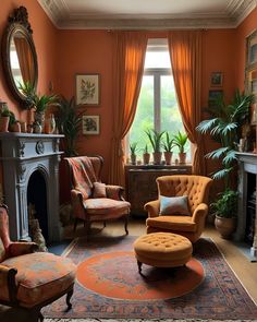 a living room filled with furniture and a fire place in front of a large window