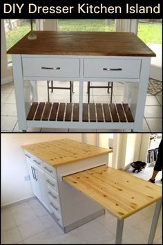 two pictures of a kitchen island made out of wood and white cabinets, with the words diy dresser kitchen island on top