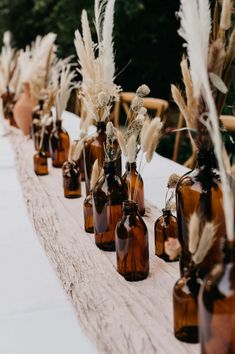 several brown glass bottles with dried plants in them are lined up on a table cloth