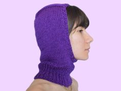 Hand knitted purple balaclava A minimalist design for combining easily. Knitted by myself with wool and acrylic mix yarns. Perfect for everyday walkings, skiing, snowboarding. Covers your head and keep you warm. If you need any other color contact with me. Custom orders would take 3-4 days to prepare. This purple one is ready to shipping. Care: - Hand wash - Cold water - Do not bleach - Do not iron - Do not use drying machine - Do not hang out, you can let it dry by laying. 🍒 Zero Waste: -Reusa Colorful Balaclava, Handmade Fitted Winter Balaclava, Pink Crochet Balaclava, Hand-knitted Full-face Balaclava For Winter, Warm One-size Hooded Balaclava, Compostable Packaging, Ski Mask, Face Cover, Skull Cap Beanie