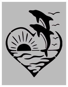 a dolphin jumping out of the water in front of a heart with sun and seagulls