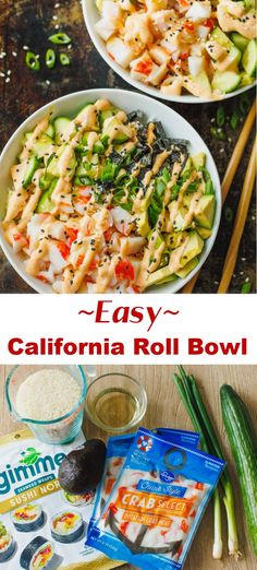 Fresh California Roll Bowls are everything you love about a classic California sushi roll, only so much easier to prepare. You’ll love topping this sushi bowl recipe with soy sauce, spicy mayo, and wasabi. California Sushi Bowl Recipe, California Roll Bowl, California Sushi Rolls, California Roll Sushi, Sushi Bowl Recipe, Sushi Bowls, Sushi Recipes Homemade, Spring Roll Recipe, Rice Bowls Recipes