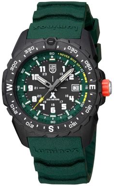 Luminox Watch Bear Grylls Mountain Green XB.3735 Watch | Jura Watches Orange Crown, Bear Grylls Survival, Cardinal Points, Cardinal Point, Battery Icon, Black Rubber Bands