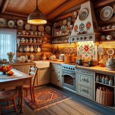 a kitchen filled with lots of plates and bowls on top of a stove top oven