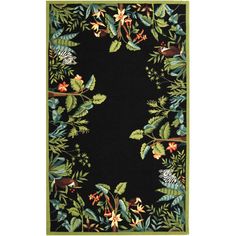 a black rug with green leaves and flowers on it