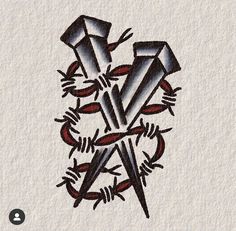 a drawing of two knives and barbed wire