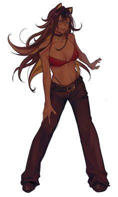 a drawing of a woman with long hair wearing brown pants and a red bra top