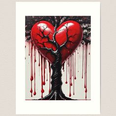 a painting of a heart shaped tree with dripping blood