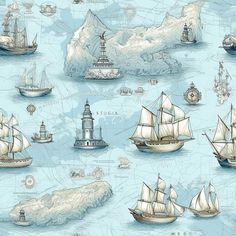 an image of ships and lighthouses in the ocean with blue water background for wallpaper