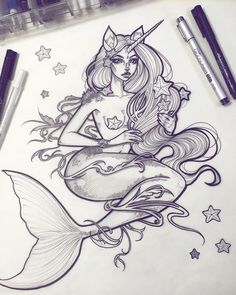 a drawing of a mermaid with a unicorn on her back and stars in the background