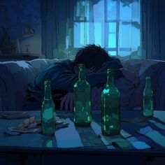 a person sleeping on a couch with bottles in front of him and the bottle is glowing green