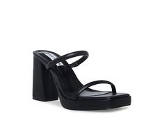 Steve Madden Polly Heeled Sandal - Women's Shoes : Black : Add that statement-making touch to your attire by slipping into the Steve Madden Polly Heeled Sandal. Strappy synthetic leather upper. Synthetic leather lining with a padded footbed. Easy slip-on style. Open square toe silhouette. Brand name embossed on the footbed. Chunky block heel. Durable synthetic outsole. Imported. Measurements: Heel Height: 4 in Platform Height: 3 4 in Product measurements were taken using size 7, width M. Please Short Black Platform Heels, Black Strappy Platform Heels, Black Platform Heels With Single Toe Strap, Black Heels Steve Madden, Black Synthetic Platform Heels, Steve Madden Store, Black Platform Heels, Dr Shoes, Chunky Block Heels