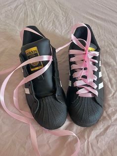 Blokequette Outfits, Shoes Coquette, Blokette Core, Black Adidas Shoes, Ribbon Laces, Dr Shoes, Superstars Shoes