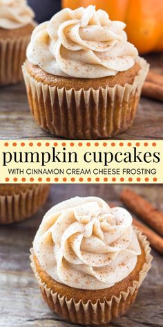 pumpkin cupcakes with cinnamon cream cheese frosting are on top of each other