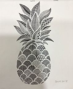 a black and white drawing of a pineapple with lots of doodles on it