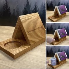 a wooden stand with three different pictures on it, and one has a ring in the middle