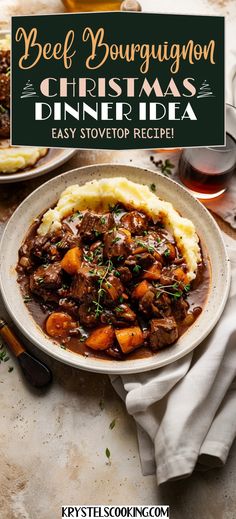 beef bourguggnon christmas dinner idea with mashed potatoes and gravy