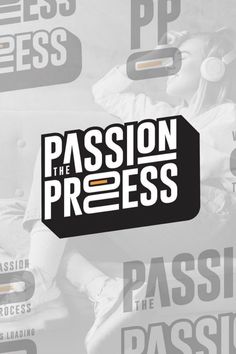 the passion press logo with headphones on it's ears and an image of a woman