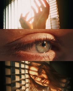 two different pictures of a woman's eyes and hands