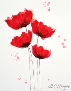 three red flowers are painted on white paper