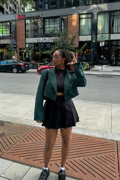 Casual meets edgy in this standout streetwear look! The cropped blazer paired with a pleated mini skirt creates the perfect mix of sophistication and fun. Perfect for a day in the city or a casual meet-up with friends.  #StreetStyle #CroppedBlazer #UrbanFashion #CityChic #StreetwearGoals" Loafer Shoes Outfit, Loafers Shoes Outfit, Loafers For Women Outfit, Shoe Outfits, Dunk Outfit, Pleated Skirt Outfit, Loafer Shoe, Women Loafers