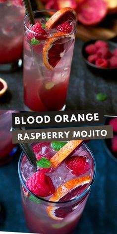 blood orange raspberry mojito is served in glasses with garnishes