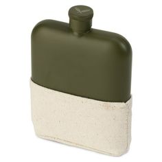 an olive green flask with white linen lining