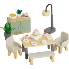 A wooden furniture set including a dresser, grandfather clock, dining table and 4 chairs. Includes all accessories as pictured. | Daisylane Dining Room by Le Toy Van | Kids Toys | Maisonette collects the best children’s products from around the world (unlike Zulily, Etsy, The Tot, Farfetch Kids, Childrensalon, Crate and Kids, Kohls, Wayfair, Buy Buy Baby, Nordstroms, Mini Boden, J.Crew Factory, or PotteryBarn Kids), creating a curated shopping experience for you. Think of us as your shortcut to Free Standing Lamps, Wooden Fruit, House Dining Room, Wooden Playset, Pot Plants, Felt Leaves, Dolls Houses