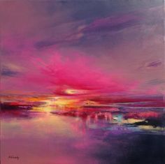 an abstract painting of pink and purple clouds over water with the sun setting in the distance