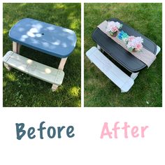 before and after photos of an old table turned into a bench with flowers on it