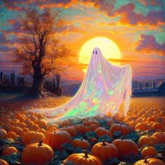 a painting of a ghost in a pumpkin field