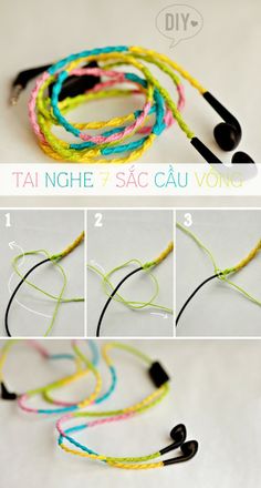 the instructions for how to make an earphone cord with braided cords and black headphones