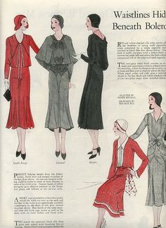 Ladies fashion pattern 1930's This is an original page taken from a 1930 magazine. Advertising patterns for dresses. Waistlines hide beneath Boleros. Selected by Renee Revila, Drawings by Ben-Hur Baz. Page shows 5 styles of dresses with matching cloche hats and shoes. Measures 10 1/2 x 13 1/2 inches in good condition E-186 Page Drawing, 1930s Fashion Women, 1930 Fashion, Patron Vintage, Retro Looks, 30s Fashion, Evolution Of Fashion, Fashion Journals, 1930s Fashion