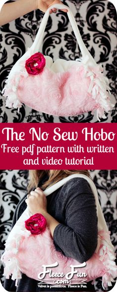 the no sew hobo bag is made from pink and white fabric with flowers on it