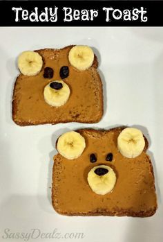 two pieces of toast with peanut butter and banana slices on them, each topped with a bear face