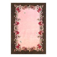 a pink and brown rug with red flowers on the bottom, leopard print border around it