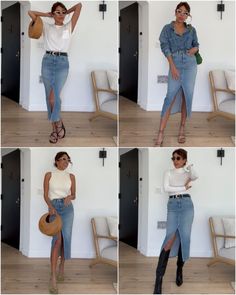 Jean Skirt Street Style, Spring Jean Skirt Outfits, Long Demin Skirt Outfit Casual, Pencil Skirt Outfits Casual Summer, Jean Skirt Styling, Long Jean Skirt Outfits Fall 2024, Denim Midi Skirt Outfits, Styling Jean Skirt, Styling Long Denim Skirt