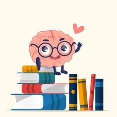 a cartoon brain is sitting on top of books and waving his hands to the side