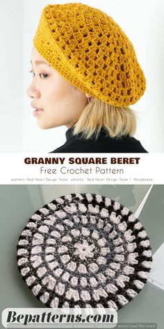 a woman wearing a crochet hat with text overlay that reads granny square beret free crochet pattern