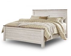 a white bed with wooden headboard and foot board on top of it, against a white background