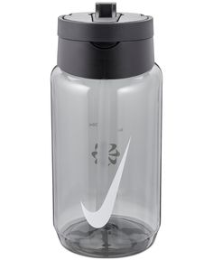 a water bottle with a black lid and a white nike logo on the front side