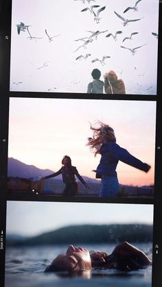 three different shots of people in the water with seagulls flying above them and birds hovering overhead