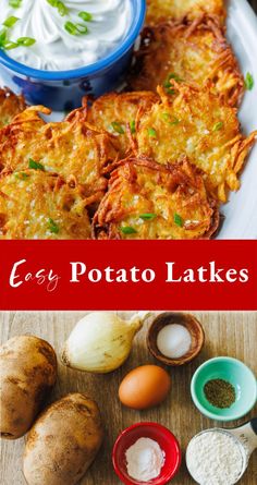 potato latkes with sour cream and other toppings on the side are shown