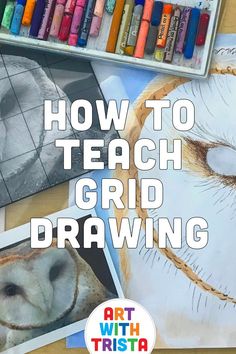 an image of how to teach grid drawing with crayons and watercolors