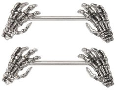 two metal skeleton hands are attached to the back of a pair of barbells