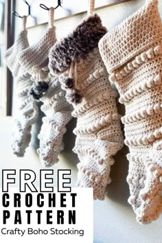 crocheted stockings hanging from hooks with text overlay that reads free crochet pattern crafty boho stocking