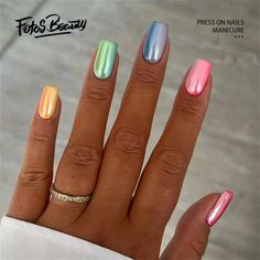 Fofosbeauty 24pcs Press on False Nails,Fake Nails for New Year Valentine's Gift,Coffin Rainbow Aurora - Walmart.com Chrome Nails Pastel, Bright Chrome Summer Nails, Nails Colors 2024, Nails Art Summer 2024, Bright Colorful Nails, New Trending Nails 2024, Tiny Mirrors, Multicolored Nails, Manikur Kuku