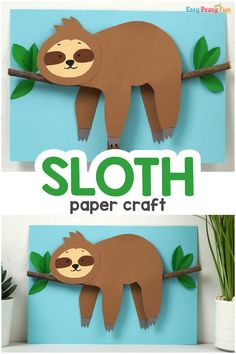 a paper sloth is hanging on a branch with the word sloth below it